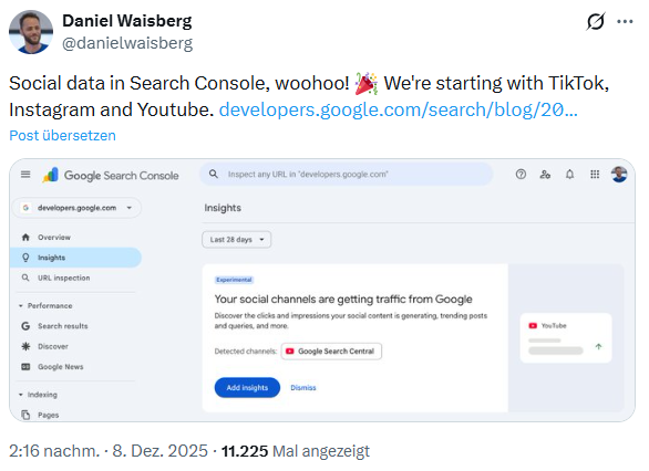 Daniel Waisberg verkündet auf X die Search Console Anpassung zu Social Data