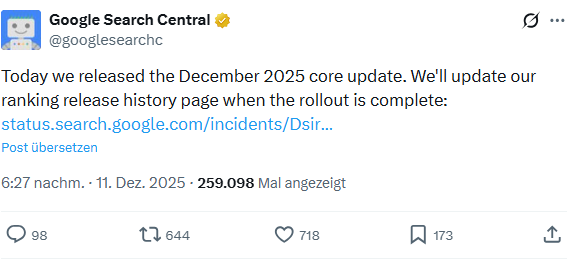 Google Core Update Dezember 2025 auf X