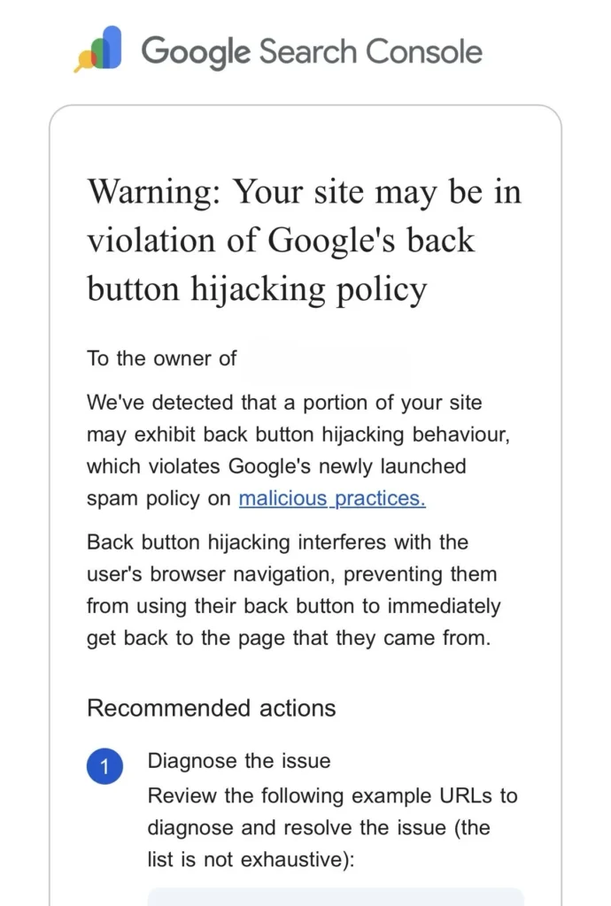 Back Button Hijacking-Meldung in der GSC