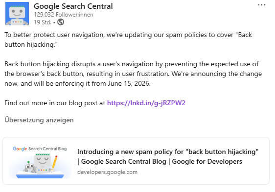 Spam-Richtlinie zu Back button hijacking